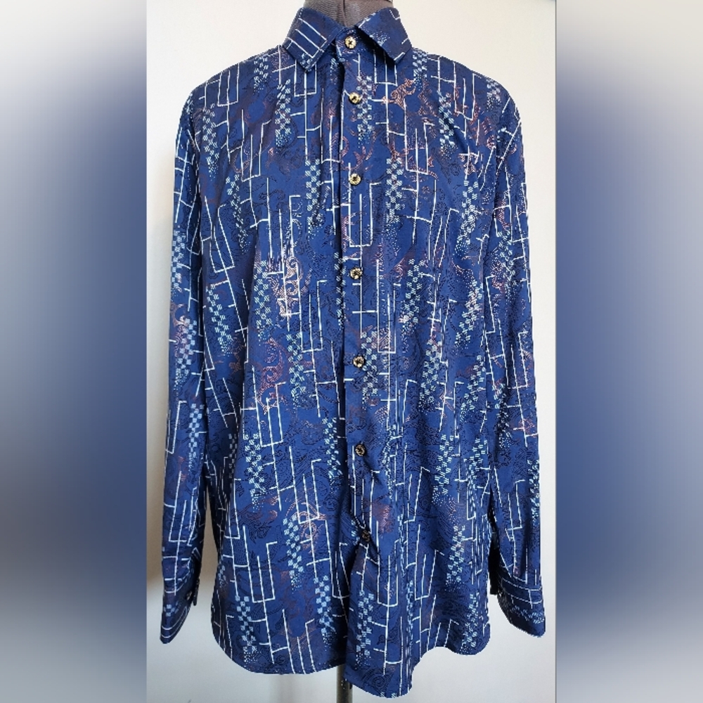Men's De-Niko Milano Button Down Shirt Size M Long Sleeve Collared Blue Abstract